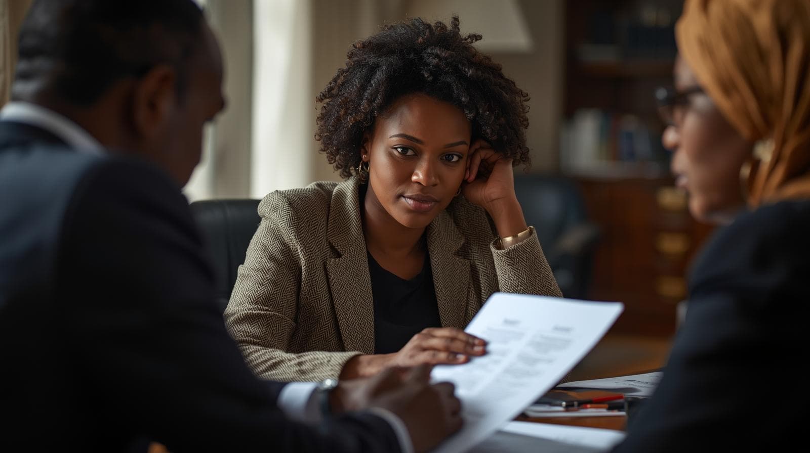 Two advisers going through a document with a client across a desk